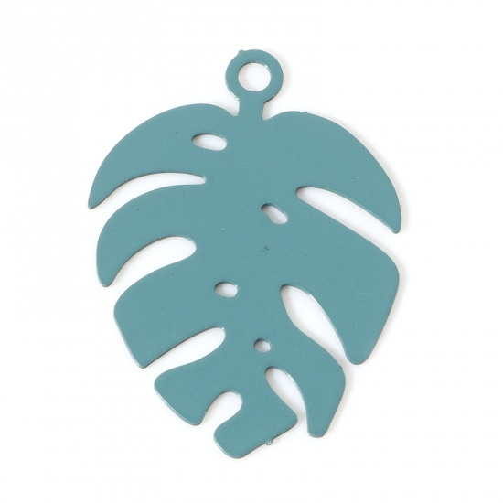 Bild von Iron Based Alloy Charms Peacock Green Monstera Leaf Painted 20mm x 14mm, 20 PCs