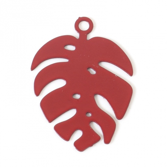 Bild von Iron Based Alloy Charms Red Monstera Leaf Painted 20mm x 14mm, 20 PCs