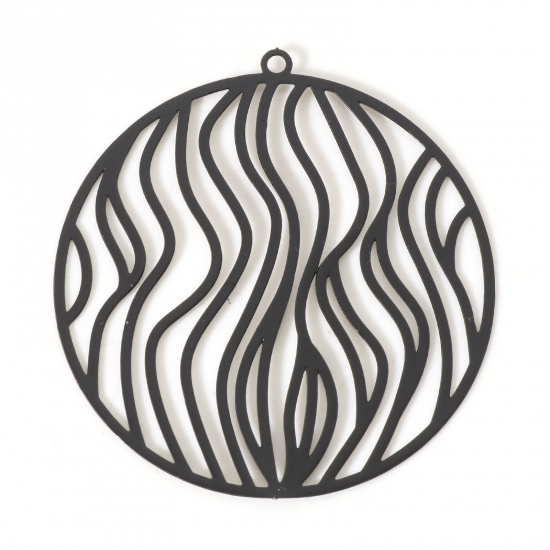 Bild von Eisenlegierung Filigran Stempel Verzierung Anhänger Rund Schwarz Streifen Spritzlackierung 3.8cm x 3.6cm, 10 Stück