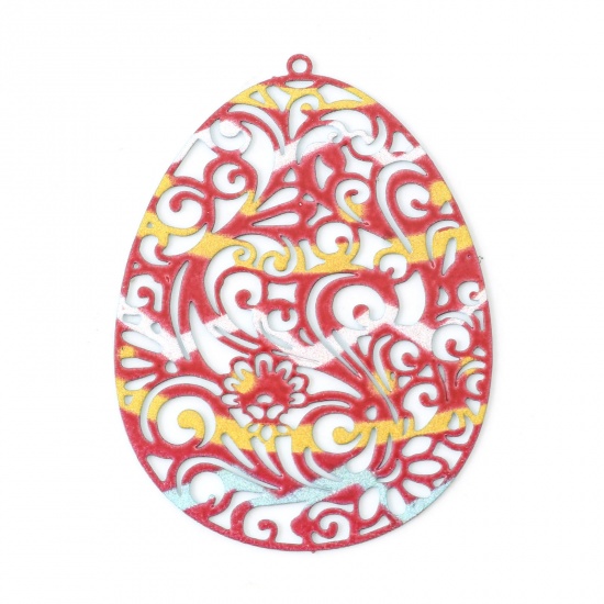 Bild von Eisenlegierung Emailmalerei Anhänger Osterei Bunt Filigran Stempel Verzierung 4.5cm x 3.3cm, 5 Stück