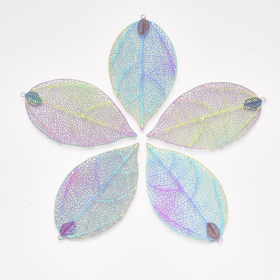Bild von 201 Edelstahl-Filigran-Stanz-Anhänger, mehrfarbiges Blatt, hohl, 6 cm x 3,3 cm, 1 Paket (5 Stück/Set)