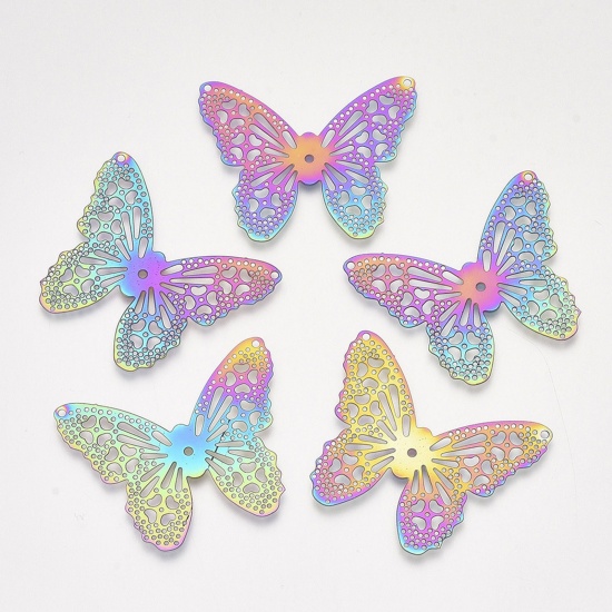 Bild von 201 Edelstahl Filigrane Stempel Anhänger Mehrfarbiger Schmetterling Tier hohl 3,2 cm x 4 cm, 1 Paket (5 Stück/Set)