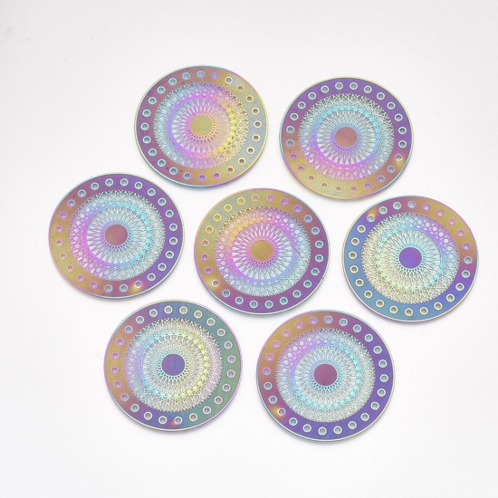 Bild von 201 Edelstahl Filigrane Stempel Anhänger mehrfarbig flach rund hohl 4,8 cm Durchmesser, 1 Paket (5 Stück/Set)