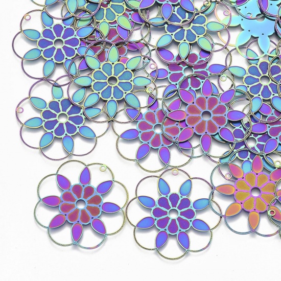 Bild von 201 Edelstahl Filigrane Stempel Anhänger Mehrfarbige Blume Hohl 3,3 cm x 3,3 cm, 1 Paket (5 Stück/Set)