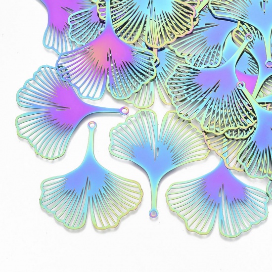 Bild von 201 Edelstahl-Filigran-Anhänger, mehrfarbig, Gingko-Blatt, hohl, 4 cm x 3,6 cm, 1 Paket (5 Stück/Set)