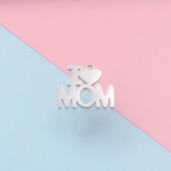 Bild von 304 Edelstahl Muttertag Charms Herz Silberfarbe Message " I Love Mom " 14mm x 16mm, 1 Stück
