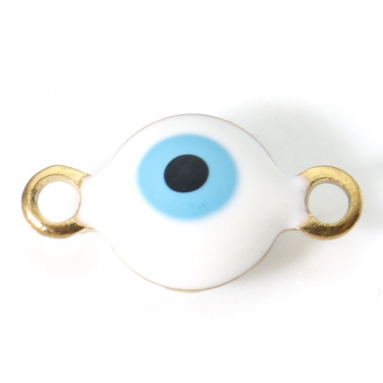 Bild von 304 Edelstahl Religiös Verbinder Rund Vergoldet Weiß & Blau Böser Blick Evil Eye Doppelseitige Emaille 11mm x 6mm, 10 Stück