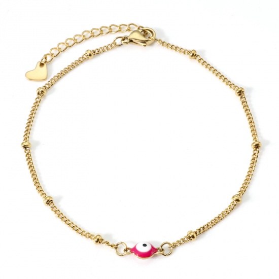 Immagine di 304 Acciaio Inossidabile Religione Catena Singolare Cavigliere Oro Placcato Bianco & Fucsia Smalto a Doppia Faccia Tondo Malocchio 21.5cm lunghezza, 1 Pz