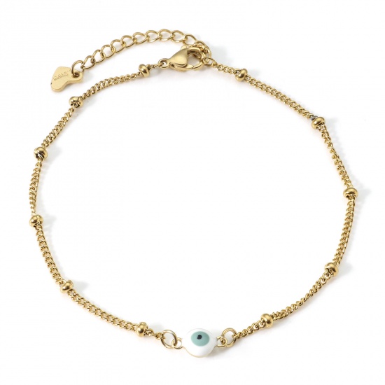 Immagine di 304 Acciaio Inossidabile Religione Catena Singolare Cavigliere Oro Placcato Bianco & Verde Salvia Smalto a Doppia Faccia Tondo Malocchio 21.5cm lunghezza, 1 Pz