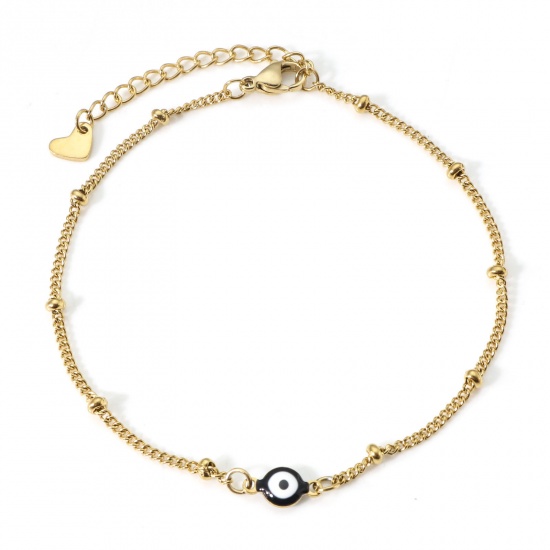 Immagine di 304 Acciaio Inossidabile Religione Catena Singolare Cavigliere Oro Placcato Nero & Bianco Smalto a Doppia Faccia Tondo Malocchio 21.5cm lunghezza, 1 Pz