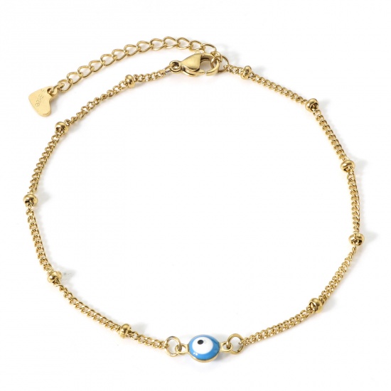 Immagine di 304 Acciaio Inossidabile Religione Catena Singolare Cavigliere Oro Placcato Bianco & Blu Smalto a Doppia Faccia Tondo Malocchio 21.5cm lunghezza, 1 Pz
