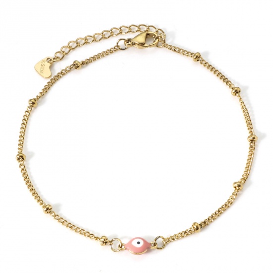 Immagine di 304 Acciaio Inossidabile Religione Catena Singolare Cavigliere Oro Placcato Bianco & Rosa Smalto a Doppia Faccia Tondo Malocchio 21.5cm lunghezza, 1 Pz