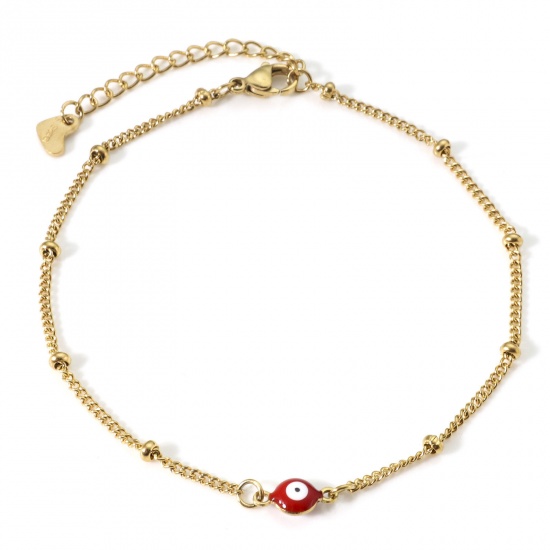 Immagine di 304 Acciaio Inossidabile Religione Catena Singolare Cavigliere Oro Placcato Bianco & Rosso Smalto a Doppia Faccia Tondo Malocchio 21.5cm lunghezza, 1 Pz