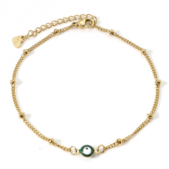 Immagine di 304 Acciaio Inossidabile Religione Catena Singolare Cavigliere Oro Placcato Bianco & Verde Smalto a Doppia Faccia Tondo Malocchio 21.5cm lunghezza, 1 Pz