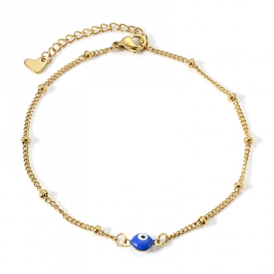 Immagine di 304 Acciaio Inossidabile Religione Catena Singolare Cavigliere Oro Placcato Blu Marino Smalto a Doppia Faccia Tondo Malocchio 21.5cm lunghezza, 1 Pz