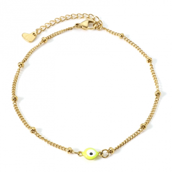 Immagine di 304 Acciaio Inossidabile Religione Catena Singolare Cavigliere Oro Placcato Giallo Fluorescente Smalto a Doppia Faccia Tondo Malocchio 21.5cm lunghezza, 1 Pz