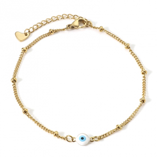 Immagine di 304 Acciaio Inossidabile Religione Catena Singolare Cavigliere Oro Placcato Bianco & Blu Smalto a Doppia Faccia Tondo Malocchio 21.5cm lunghezza, 1 Pz