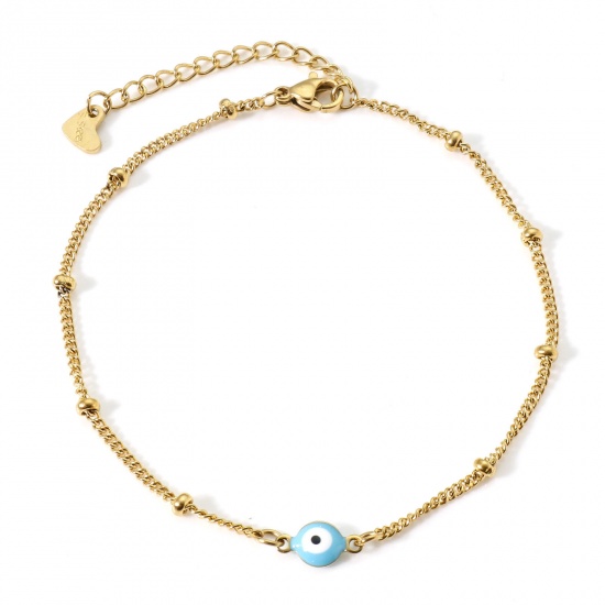 Immagine di 304 Acciaio Inossidabile Religione Catena Singolare Cavigliere Oro Placcato Bianco & Blu Pallido Smalto a Doppia Faccia Tondo Malocchio 21.5cm lunghezza, 1 Pz