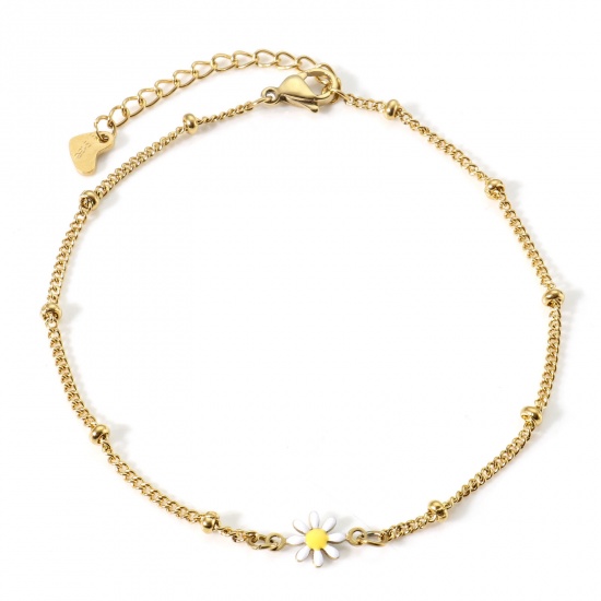 Bild von 304 Stainless Steel Curb Link Chain Anklet Gold Plated White & Yellow Enamel Evil Eye 22cm(8 5/8") long, 1 Piece