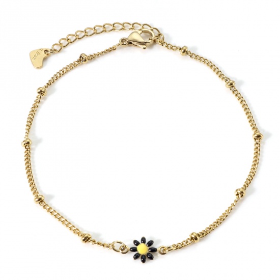 Bild von 304 Stainless Steel Curb Link Chain Anklet Gold Plated Black & Yellow Enamel Evil Eye 22cm(8 5/8") long, 1 Piece
