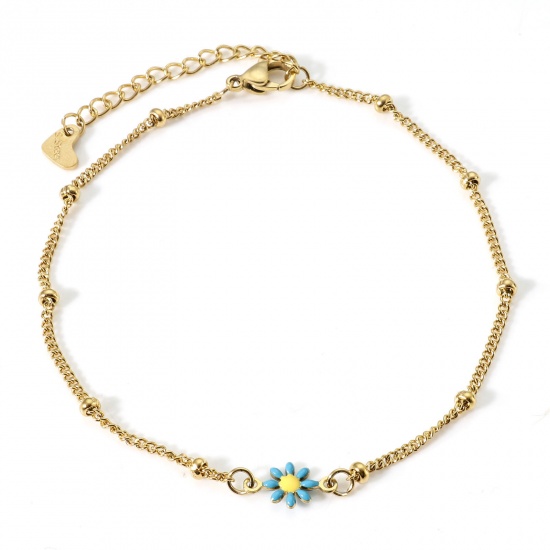 Bild von 304 Stainless Steel Curb Link Chain Anklet Gold Plated Yellow & Blue Enamel Evil Eye 22cm(8 5/8") long, 1 Piece