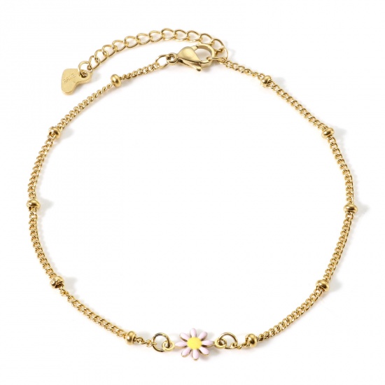 Bild von 304 Stainless Steel Curb Link Chain Anklet Gold Plated Pink & Yellow Enamel Evil Eye 22cm(8 5/8") long, 1 Piece