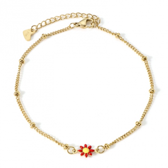 Bild von 304 Stainless Steel Curb Link Chain Anklet Gold Plated Red & Yellow Enamel Evil Eye 22cm(8 5/8") long, 1 Piece