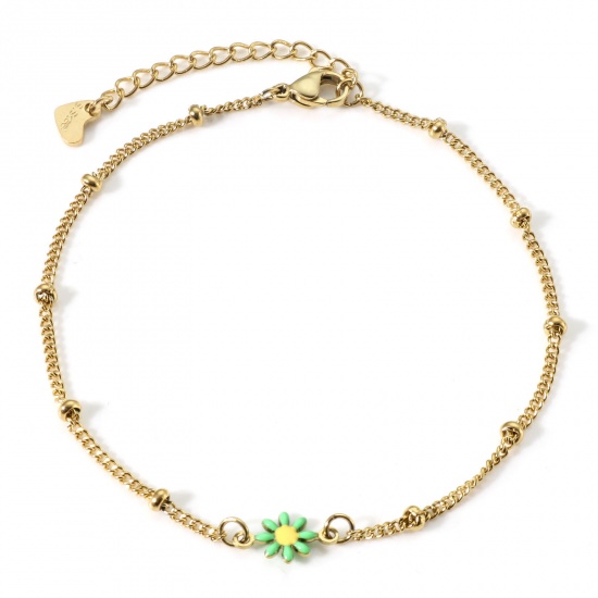 Bild von 304 Stainless Steel Curb Link Chain Anklet Gold Plated Green & Yellow Enamel Evil Eye 22cm(8 5/8") long, 1 Piece