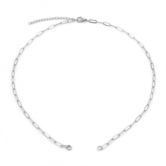 Picture of 304 Stainless Steel Paperclip Chain Semi-finished Necklace For DIY Handmade Jewelry Making Silver Tone With Lobster Claw Clasp And Extender Chain 44.5cm(17 4/8") long, Chain Size: 3mm, 1 Piece