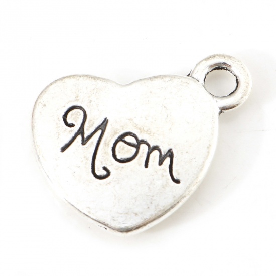 Bild von Zinklegierung Muttertag Charms Herz Antiksilber Message " Mom " 18mm x 15mm, 10 Stück