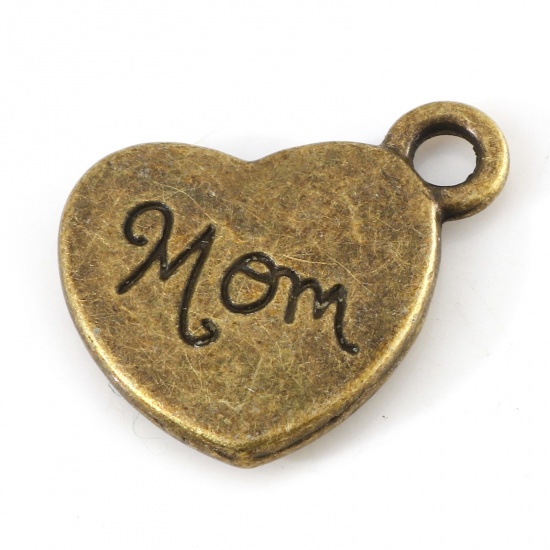 Bild von Zinklegierung Muttertag Charms Herz Bronzefarbe Message " Mom " 18mm x 15mm, 10 Stück
