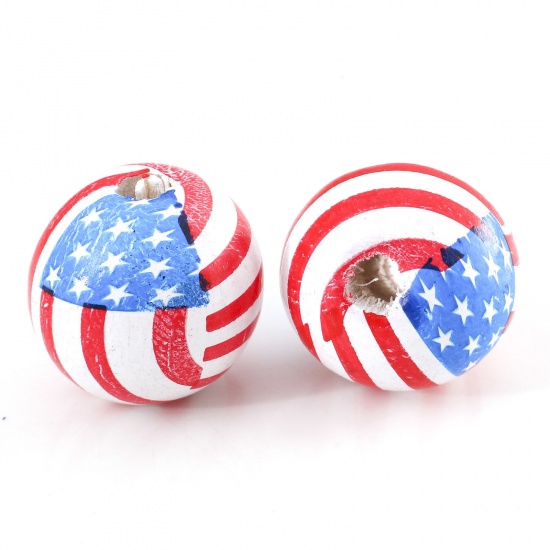Picture of Hinoki Wood Sport Spacer Beads For DIY Charm Jewelry Making Round Multicolor Flag Of The United States About 16mm Dia., Hole: Approx 3.2mm, 20 PCs
