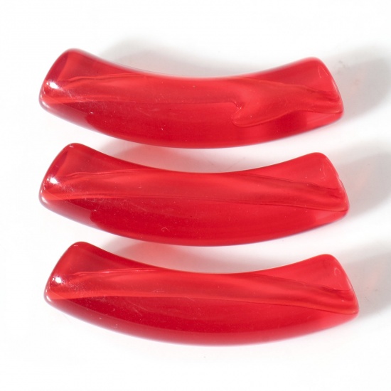 Picture of Acrylic Beads For DIY Charm Jewelry Making Red Transparent Curved Tube Arc About 3.3cm x 0.8cm, Hole: Approx 1.4mm, 50 PCs