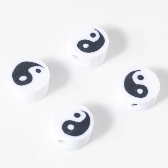 Bild von Polymer Ton Religiös Perlen Rund Weiß, mit Yin Yang Symbol Muster, 9.5mm D., Loch: 1.8mm, 100 Stück