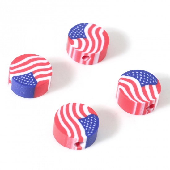 Picture of Polymer Clay Sport Beads Round Multicolor Flag Of The United States Pattern About 9.5mm Dia, Hole: Approx 1.8mm, 100 PCs