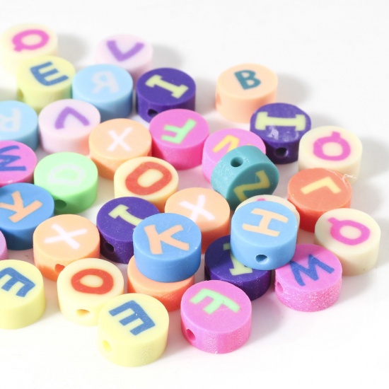 Picture of Polymer Clay Beads Round At Random Color Initial Alphabet/ Capital Letter Pattern About 9.5mm Dia, Hole: Approx 1.8mm, 100 PCs