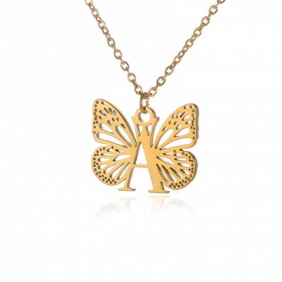 Immagine di 304 Acciaio Inossidabile Elegante Cavo Catena Collana 18K Oro Placcato Farfalla Lettera Maiuscola Messaggio " A " Filigrana 38cm Lunghezza, 1 Pz
