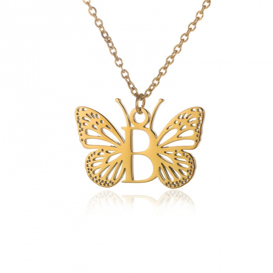 Immagine di 304 Acciaio Inossidabile Elegante Cavo Catena Collana 18K Oro Placcato Farfalla Lettera Maiuscola Messaggio " B " Filigrana 38cm Lunghezza, 1 Pz