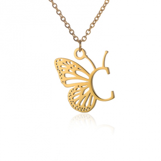Immagine di 304 Acciaio Inossidabile Elegante Cavo Catena Collana 18K Oro Placcato Farfalla Lettera Maiuscola Messaggio " C " Filigrana 38cm Lunghezza, 1 Pz
