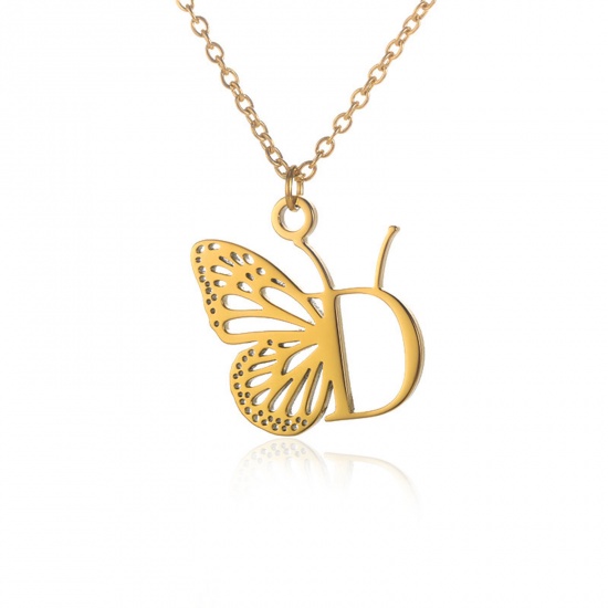 Immagine di 304 Acciaio Inossidabile Elegante Cavo Catena Collana 18K Oro Placcato Farfalla Lettera Maiuscola Messaggio " D " Filigrana 38cm Lunghezza, 1 Pz
