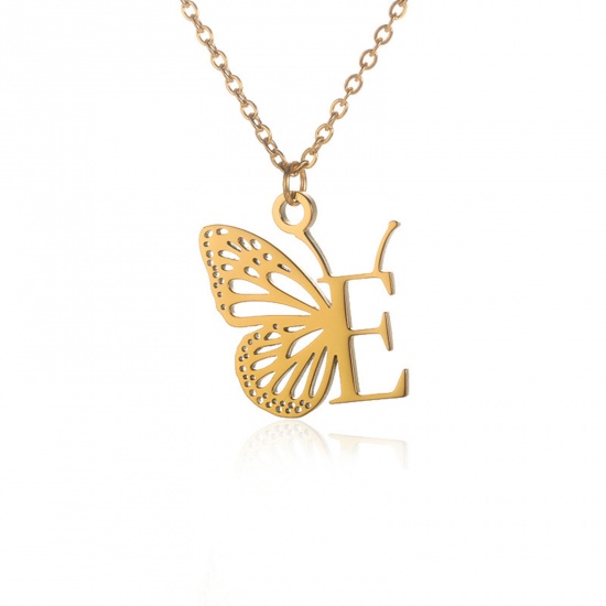 Immagine di 304 Acciaio Inossidabile Elegante Cavo Catena Collana 18K Oro Placcato Farfalla Lettera Maiuscola Messaggio " E " Filigrana 38cm Lunghezza, 1 Pz