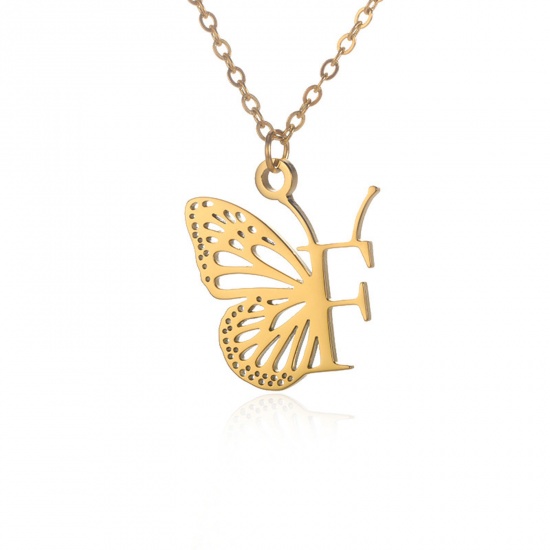 Immagine di 304 Acciaio Inossidabile Elegante Cavo Catena Collana 18K Oro Placcato Farfalla Lettera Maiuscola Messaggio " F " Filigrana 38cm Lunghezza, 1 Pz