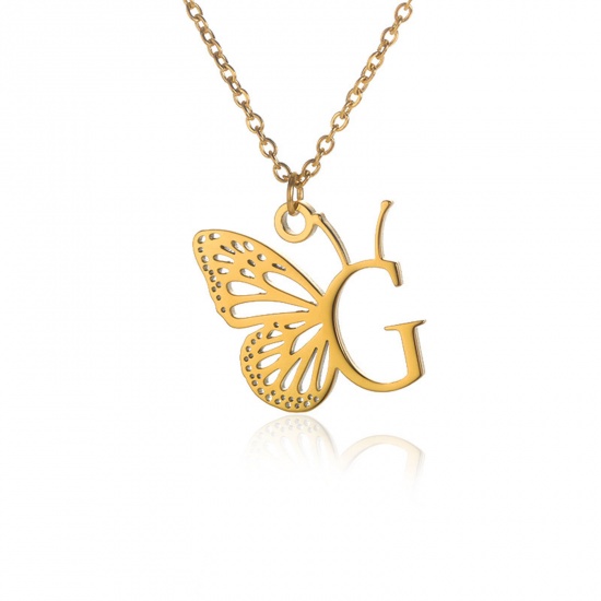 Immagine di 304 Acciaio Inossidabile Elegante Cavo Catena Collana 18K Oro Placcato Farfalla Lettera Maiuscola Messaggio " G " Filigrana 38cm Lunghezza, 1 Pz