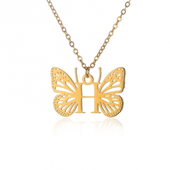 Immagine di 304 Acciaio Inossidabile Elegante Cavo Catena Collana 18K Oro Placcato Farfalla Lettera Maiuscola Messaggio " H " Filigrana 38cm Lunghezza, 1 Pz