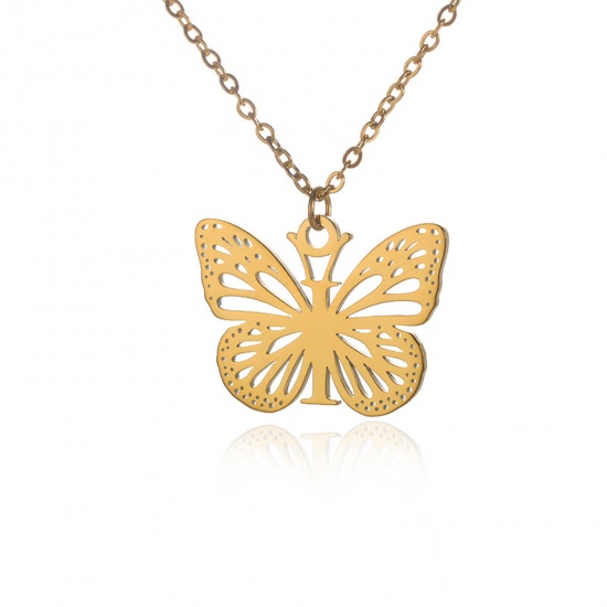 Immagine di 304 Acciaio Inossidabile Elegante Cavo Catena Collana 18K Oro Placcato Farfalla Lettera Maiuscola Messaggio " I " Filigrana 38cm Lunghezza, 1 Pz