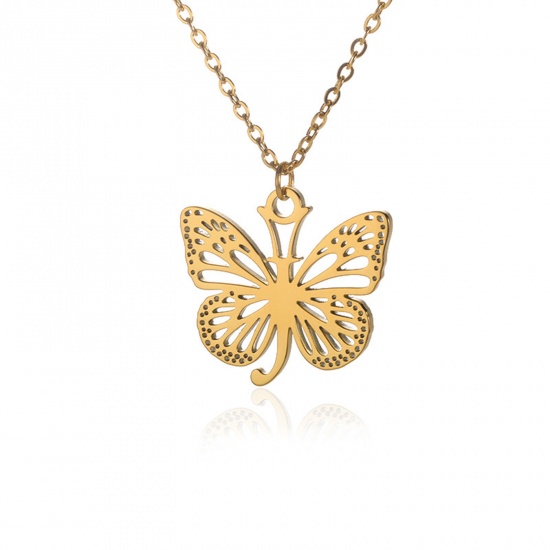 Immagine di 304 Acciaio Inossidabile Elegante Cavo Catena Collana 18K Oro Placcato Farfalla Lettera Maiuscola Messaggio " J " Filigrana 38cm Lunghezza, 1 Pz