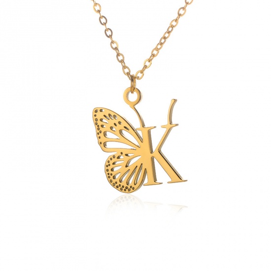 Immagine di 304 Acciaio Inossidabile Elegante Cavo Catena Collana 18K Oro Placcato Farfalla Lettera Maiuscola Messaggio " K " Filigrana 38cm Lunghezza, 1 Pz