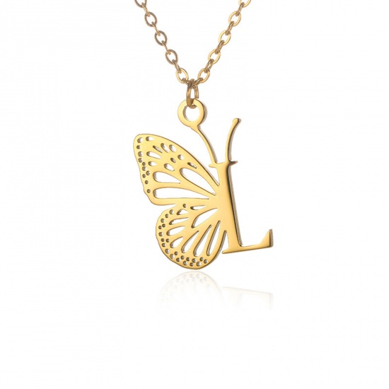 Immagine di 304 Acciaio Inossidabile Elegante Cavo Catena Collana 18K Oro Placcato Farfalla Lettera Maiuscola Messaggio " L " Filigrana 38cm Lunghezza, 1 Pz