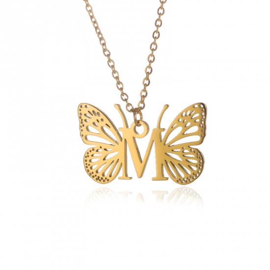 Immagine di 304 Acciaio Inossidabile Elegante Cavo Catena Collana 18K Oro Placcato Farfalla Lettera Maiuscola Messaggio " M " Filigrana 38cm Lunghezza, 1 Pz