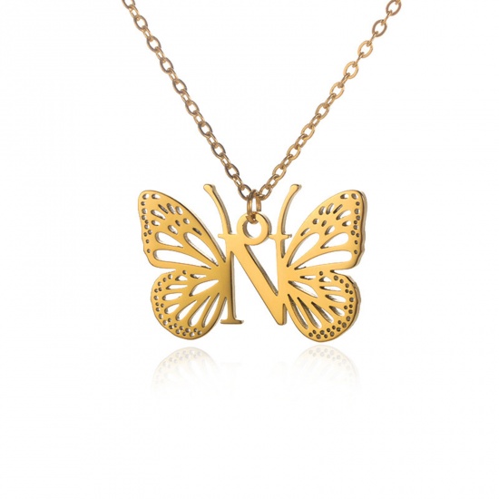 Immagine di 304 Acciaio Inossidabile Elegante Cavo Catena Collana 18K Oro Placcato Farfalla Lettera Maiuscola Messaggio " N " Filigrana 38cm Lunghezza, 1 Pz